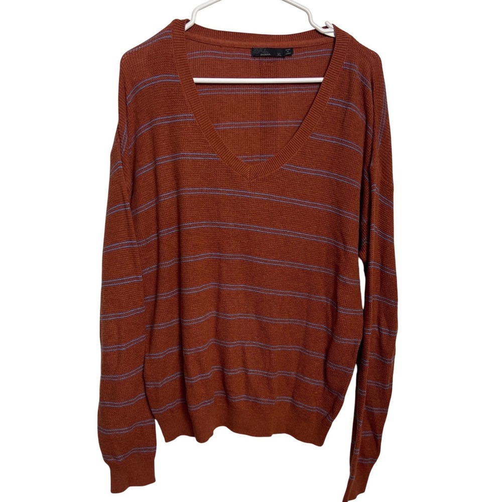 prAna Mens XL Rust Orange Blue Striped V-Neck Lightweight Knit Sweater‎ Relaxed